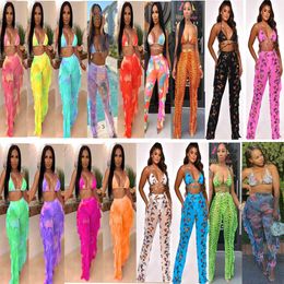 2023 Women Tracksuits 2 Two -Piece Mesh Bikini Beach Set Sexy Swimwear Tie Dye Gedrukte V Neck Backless Wear Slag Swimsuits Groothandel geplooide broek