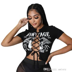 2023 Dameskleding Sexy Korte Mouw T-shirt Grafische T-shirts Vrouw T-shirts Nieuwe Zomer Hollow Out Crop Tops Dames tees Bandage Bedrukte Kleding