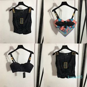 2023-Womens Designers T Shirts Bustier ondergoed met metalen badge Sexy Deep V denim sling buis tops vrouwen kleding