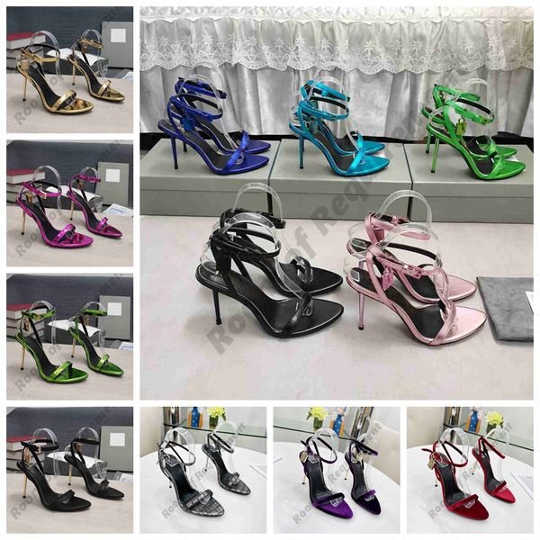 2023 Sandale à talon aiguille en métal pour femme Cadenas en cuir nappa laminé Semelle de sandale nue pointue 10,5 cm Italie femmes Designer Chaussures Semelle en cuir Pantoufle d'été