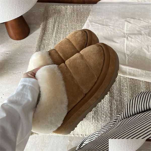 2023 Femmes Plate-forme Tazzlita Hardwood Daim Pantoufle SS Shearling Bottes doublées Laine Furry Cuff Chaussures de fourrure en peau de mouton Slide Designer Bo Dhvhb