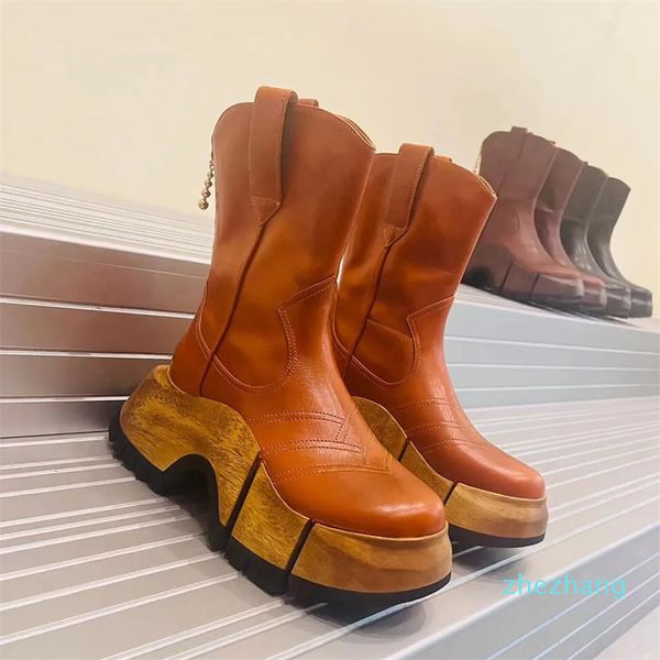 2023-Botines de plataforma gruesa de caucho de grano de madera, zapatos de cuero, bota corta, tacón bajo, botines Martin, marcas de diseñador de lujo resistentes para mujer, calzado de fábrica