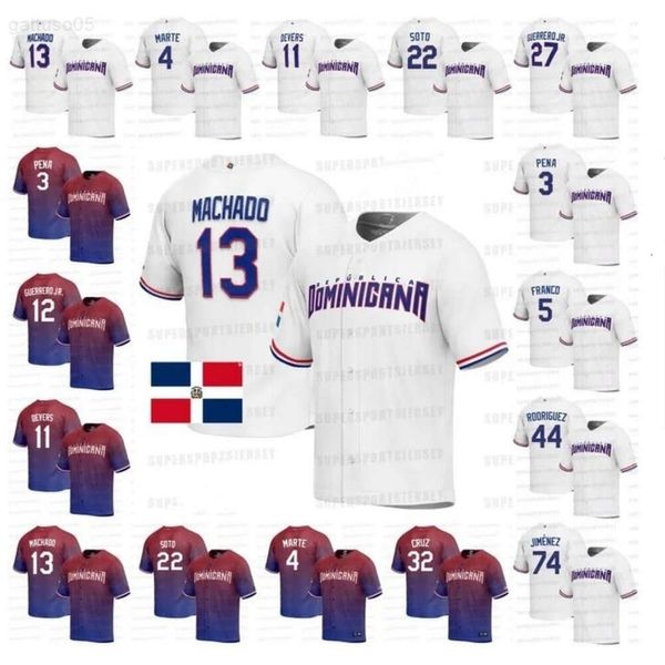 Maillot dominicain de baseball mondial 2023 22 Juan Soto 13 Manny Machado 74 Eloy Jimenez 3 Jeremy Pena 27 Vladimir Guerrero Jr. 27 Willy Adames 11 Rafael Devers équipe nationale