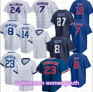 Maillot de baseball Wrigleyville Dansby Swanson 2023 Marcus Stroman Ernie Banks Seiya Suzuki Brad Boxberger Ian Happ Nico Hoerner Ryne Sandberg hommes femmes jeunes