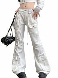 2023 Y2K Fi Multi Poches Blanc Baggy Flare Cargo Jeans Pantalons Pour Femmes Vêtements Coréens Casual Lady Lg Pantalons Pantalons 34Dg #