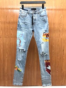 2023 Jaar Heren Distressed gescheurd Skinny Beautiful Printing Designer Jeans ~ US Size 28-38 Jeans ~ Hoge kwaliteit slanke motorfiets Moto Biker Causale denim broek Hip Hop Jeans