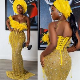 2023 Jaune Aso Ebi Robes De Bal Pour Occasions Spéciales Illusion Manches Longues Tulle Sirène Plumes Dentelle Robes De Soirée Formelles Robe De Fête D'anniversaire Élégante NL536