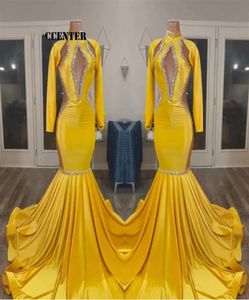 2023 Geelgouden prom -jurken voor zwarte meisjes Afrikaanse feestjurk Lange mouw Speciale gelegenheid Evenningsjurk Mermaid Robe de femme 8008872