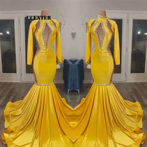 2023 robes de bal en or jaune pour les filles noires robe de soirée africaine à manches longues occasion spéciale robe de soirée sirène robe de femme 232i