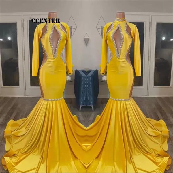 2023 robes de bal en or jaune pour les filles noires robe de soirée africaine à manches longues occasion spéciale robe de soirée sirène robe de femme 2600