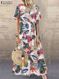2023 zanzea boêmio férias vestido de verão feminino vintage floral impresso manga curta vestido de praia solto longo robe femme 240109