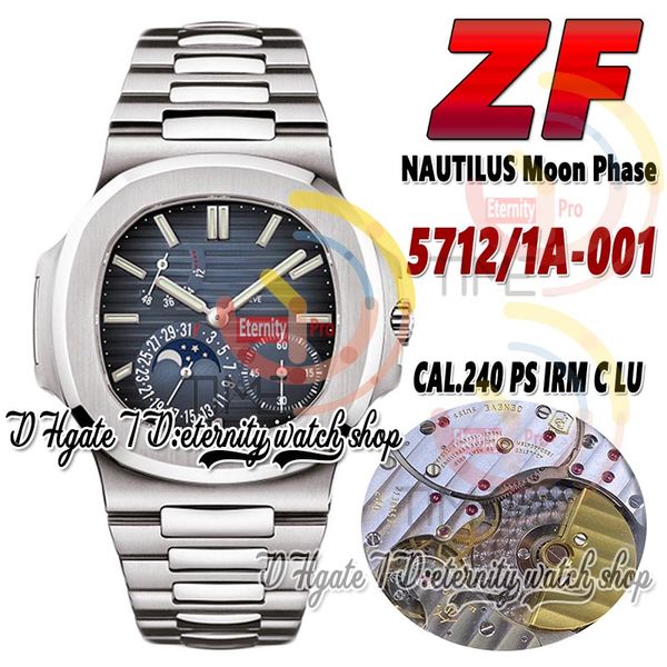 2023 ZF 40mm 5712 / 1A-001 PP240 Montre automatique pour homme Phase de lune Bleu Texture Cadran Lunette polie brossée Saphir SS Bracelet en acier inoxydable éternité Super Montres