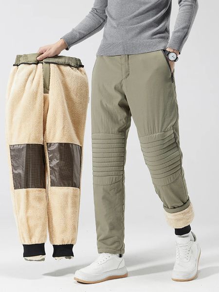 2023 poches zippées hiver hommes pantalons doublure polaire épaisse tissu graphène genou chaud droit décontracté pantalon thermique mâle 231220