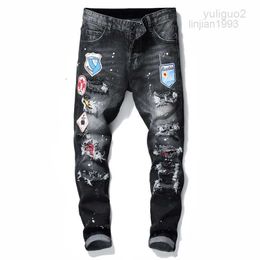 2023Badge Rips Stretch noir coupe ajustée lavé moto Denim pantalon lambrissé Hip Hop pantalon 10200