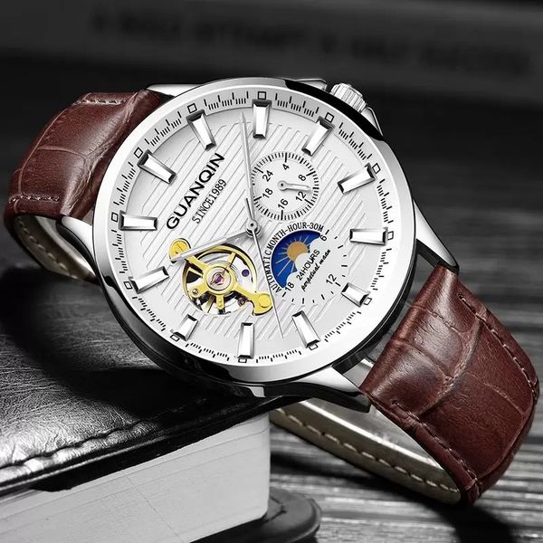 2023GUANQIN hommes montre horloge lumineuse hommes automatique étanche mécanique cuir livraison directe squelette luxe erkek kol saati