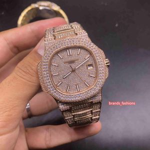 2023Haute Qualité Hommes Glacé Diamant Montre Échelle Lumineuse Or Rose En Acier Inoxydable Complet Diamant Bracelet Montre Automatique Mechanica