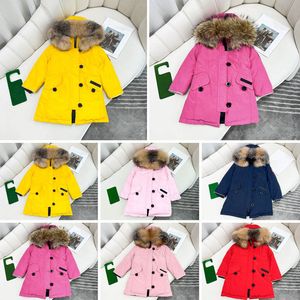 2023 Enfants Manteau Bébé Designer Vêtements Vers Le Bas Manteaux Veste Enfant Vêtir Avec Badge À Capuche Épais Chaud Outwear Fille Garçon Filles Classique Parkas 100% Col De Fourrure De Loup 6 Style Rose