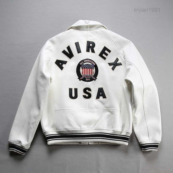 2023Chaquetas bomber para hombre 1975 Usa traje de vuelo atlético informal de piel de oveja con solapa Avirex blanca