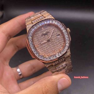 Montre mécanique automatique pour hommes, montre en diamant glacé, or Rose, boîtier en acier inoxydable, bracelet entièrement en diamant, 2023