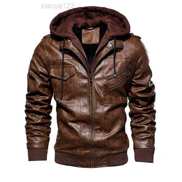 2023Men vestes mode moto veste en cuir hommes capuche amovible automne hiver PU manteau chaud vêtements d'extérieur pour hommes taille S-4XL