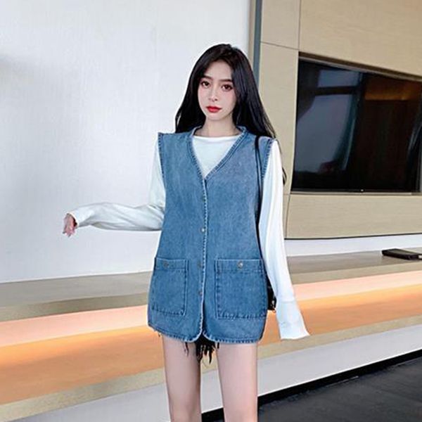 2023NEW Denim Vest Mujeres Spring Autumn Sleeveles Mid-longitud de jean Cardigan Jeans jeans chaleco