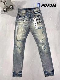 2023New Men Jeans Hole Azul claro Gris oscuro Italia Marca Hombre Pantalones largos Pantalones Streetwear Denim Skinny Slim Straight Biker Jeans para púrpura Calidad superior
