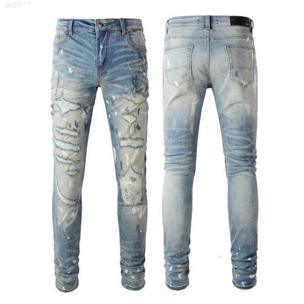 2023new Jeans pour hommes Slim Ripped Beggar's Small Feet Pants Blue Crop Denim Fashion Hots96r