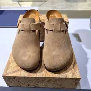 2023Sandales unisexe pantoufles en cuir véritable Naturals Beach Sliders chaussures décontractées en cuir souple gris feutre Hombres Mujeres extérieur intérieur Woody boucle sangle concepteur