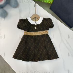 2023SS Girls haut de gamme Robes de poup￩e Collier de cr￩ateur robe Perle boutons manches courtes F Robes d'impression Summer Princess Jirts Fashion pliss￩s pour la petite fille