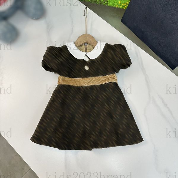 2023SS Vestidos de niñas de gama alta Cuello de muñeca Vestido de diseñador Botones de perlas Manga corta F Vestidos de impresión Faldas de princesa de verano Faldas plisadas de moda para niña