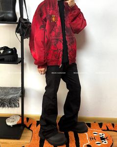 2023ss Hommes Rouge Cardigan Peint Graffiti Mud Sater Destruction Zip Hoodiel Zipper Veste Mud Dyed Destruction Peint À La Main Graffiti Zip Pull À Capuche