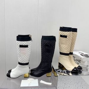 2023ss femmes Genou Bottes Femmes Doux Vers Le Bas Chaussure Designer Mi Talon Chaussures En Nylon Imperméable Supérieur Hiver Botte Bonne Qualité Grande Taille 35-41