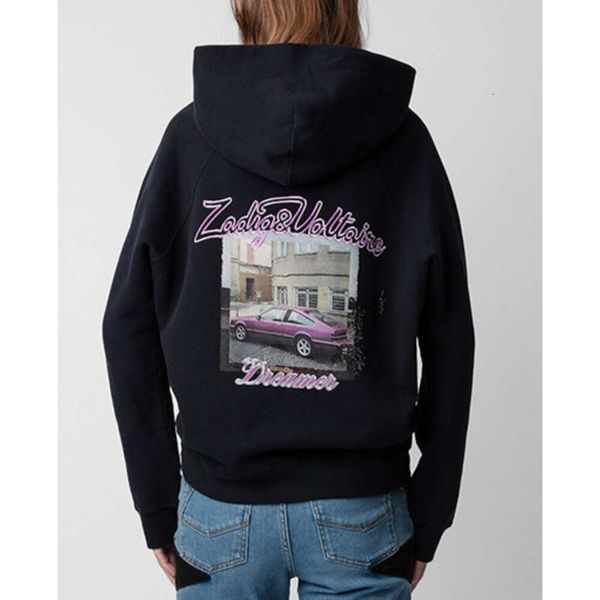 2023ss Zadig Voltaire Top Designer Sudadera con capucha Algodón Moda Estilo clásico Impresión de letras Retro Casual Versátil Mujeres de moda Sudaderas con capucha sueltas Suéter