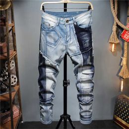 2023SSMen's Jeans Printemps et Été Crayon Pantalon Couleur Assortie Mode Casual Stretch Slim Pantalon Haute Qualité Épissage Confortable