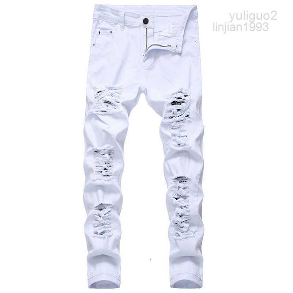 Pantalon en Denim blanc et noir, trous en détresse, slim, pleine longueur, vente en gros, 2023