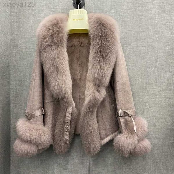 Manteau d'hiver en vraie fourrure de lapin véritable, vestes en cuir et en fourrure avec col en fourrure naturelle, vêtements d'extérieur surdimensionnés pour dames, 2023, 211019