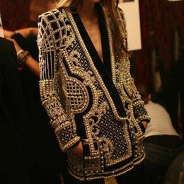 2023Trench-coats pour femmes Tops élégants Femme String Perles Blazer À Manches Longues Col En V Vintage Perles Broderie Luxueux Pardessus Parti Veste Fo