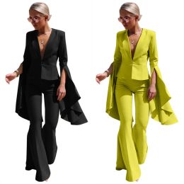 2023 Women's Two -Piece broek echt kantoor blazer set geel solide pak vrouwen herfst broek lange mouw slanke elegante pakken