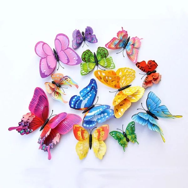 2024 12pcs Color mixto Doble capa Mariposa 3D Pegatina de pared para la decoración de bodas Métas de mariposas calcomanías para el nevera Decoración del hogar Boda