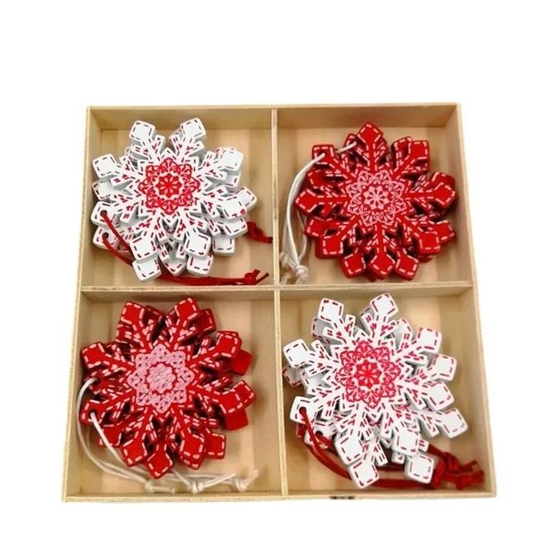 2024 12pcs/st New Christmas Decoration Pure Wood Pends Elk Bell Snowflake Snowflake Poste de madera Corgente de Navidad Suministros de decoración de la decoración de madera