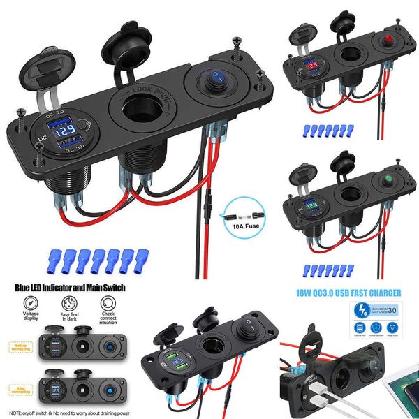 Panneau de prise de chargeur de voiture USB 12V/24V Qc3.0, panneau en aluminium, double USB, chargeur rapide, prise de courant avec voltmètre LED pour bateau marin, 2024