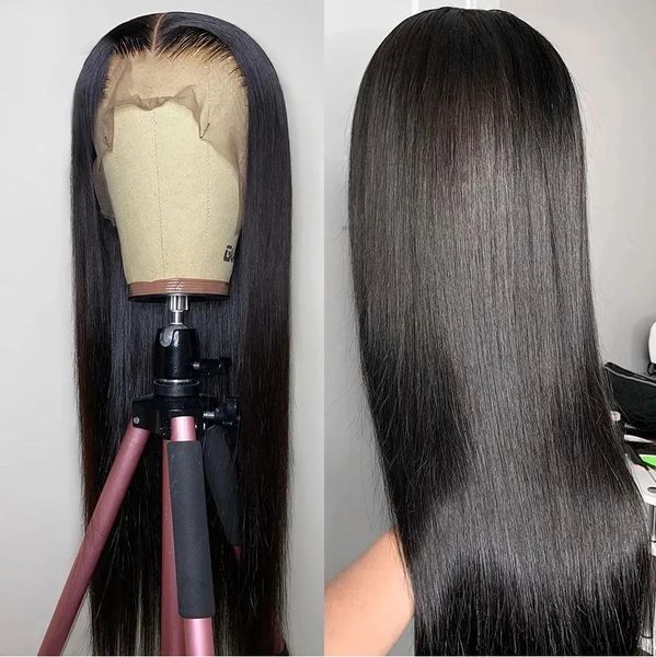 2024 13x4 Body Wave Lace Front Pelucas de cabello humano Rayita natural Jet Black Pelucas rectas sedosas Full HD Peluca de pelo sintético transparente Peluca sintética sin cola