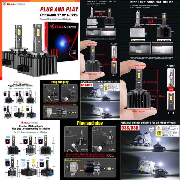 2024 2024 Bullvision D3S LED phares Hid D1s D2S D4S D5S D8S D1R D2R D3R Turbo LED 35000lm CHIP CSP à deux faces 6500K 4300K 90W