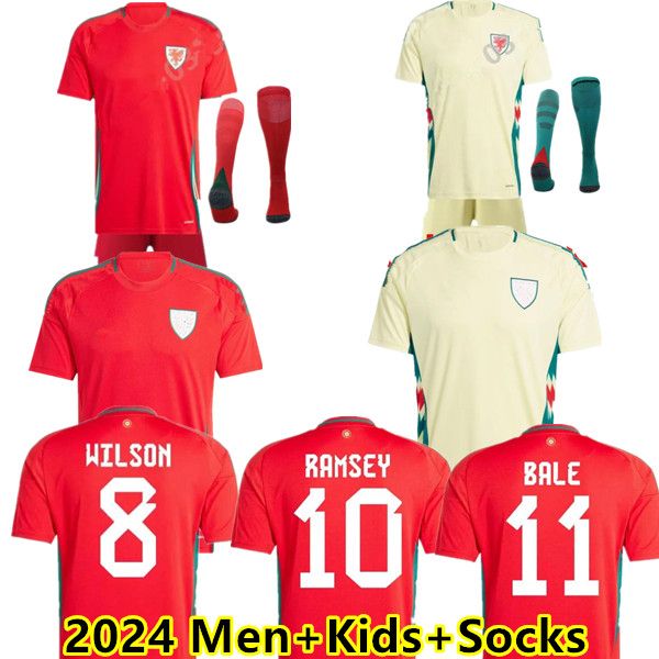 2024 25 Maillots de football de Pays de Galles Bale Wilson Allen Ramsey World National Team Cup Rodon Vokes Home Football Shirt Sleeve Clain Adult Uniforms Men Kid Kit Kit Socks