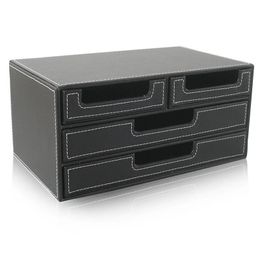 2024 Cajones de almacenamiento de papelería de 3 capas Box Desktop Sundries Organizer Box de cuero artificial Organizador de escritorio de escritorio multifuncional de escritorio negro