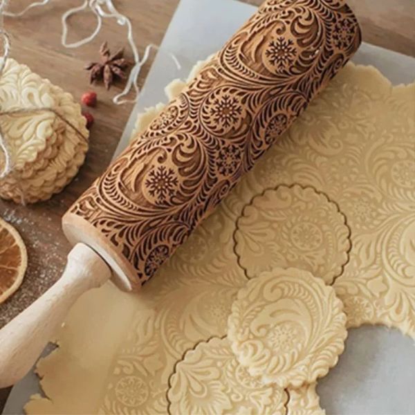 2024 35cm Rollito en relieve Pin en relieve galletas talladas Biscuit Fondant Fondant Bainting Roller Holiday Holiday Holidayswood Talled Fondant Mase Roller