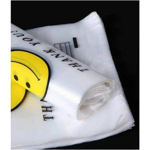 2024 50 -stcs/pakket 20x32cm vervoer tassen Smile Geschenktas Retail Supermarkt Supermarkt Kruidenier Plastic zakken met handvatvoedselverpakkingen uitvoert