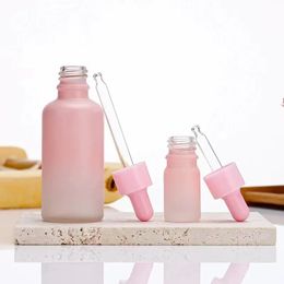 2024 5 ml-50 ml bouteille en verre givrée rose avec hardin pipette, bouteilles d'huile essentielle rose, Essence cosmétique emballage Bottlecosmetic Essence