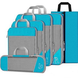 2024 6PCS Cubes d'emballage compressés Organisateur de stockage de voyage Ensemble avec sac à chaussures Mesh Bagage visuel Portable Sac de valise léger