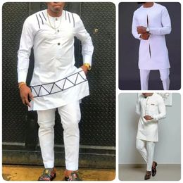 2024 African Men Dashiki à manches longues 2 pièces Tenue traditionnelle Afrique Vêtements Blanc Mens Cost Pantalon de chemise mâle Signices 240428